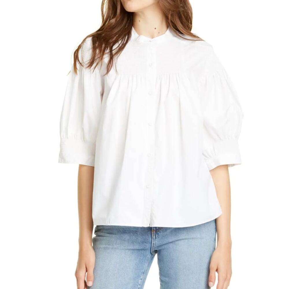 La Vie Rebecca Taylor White Cotton Puff Sleeve Poplin Top XS